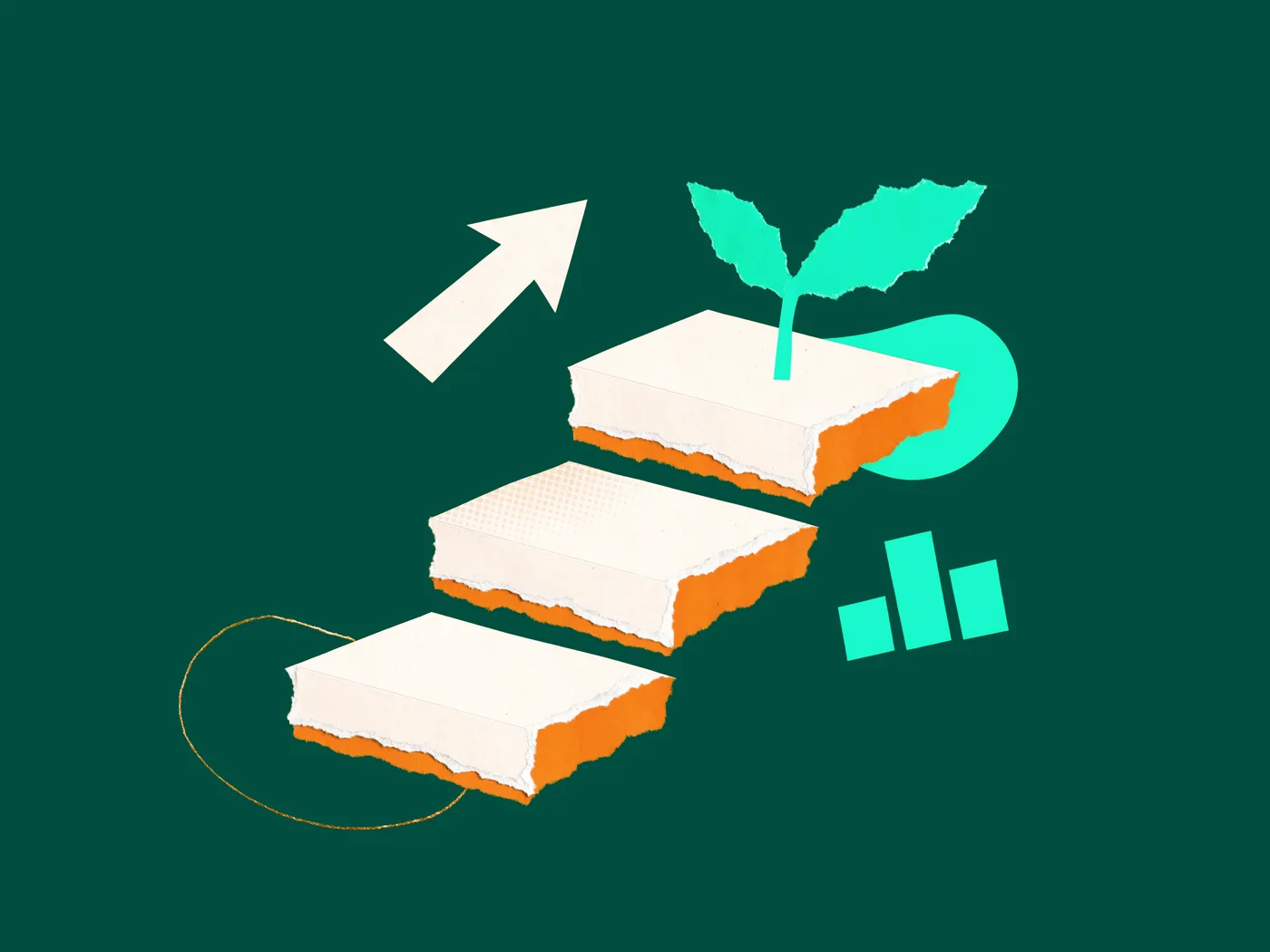 Paper-collage staircase with a sprouting seedling and a rising arrow