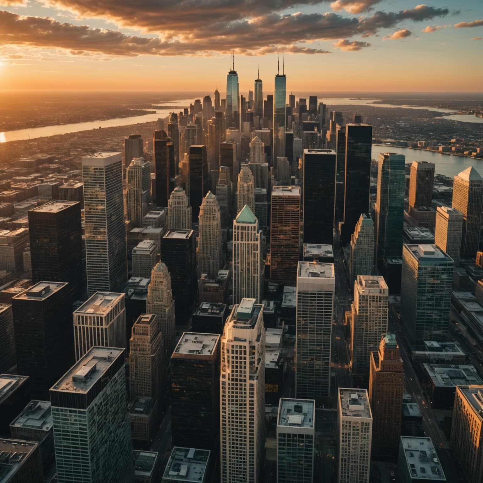 Modern city skyline at golden hour