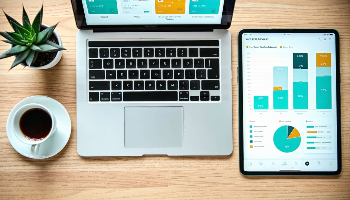 Modern desk with funding strategy dashboard, capital stacking visualization, and espresso